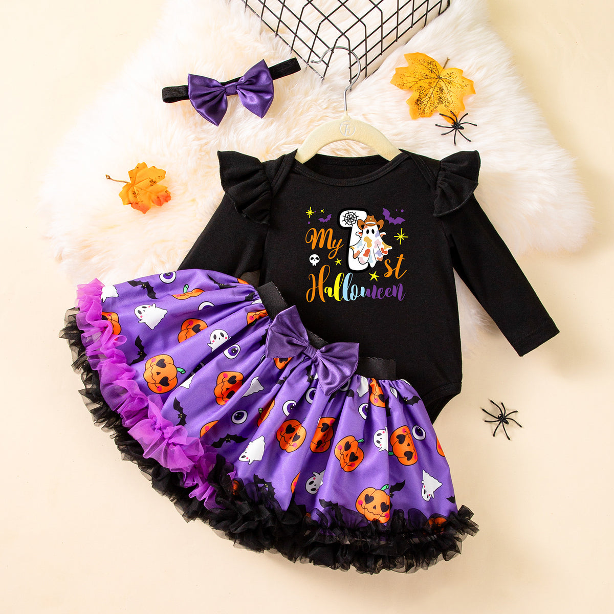 NovibebeCo. Baby Girl Halloween Ghost & Pumpkin 3-Piece Outfit