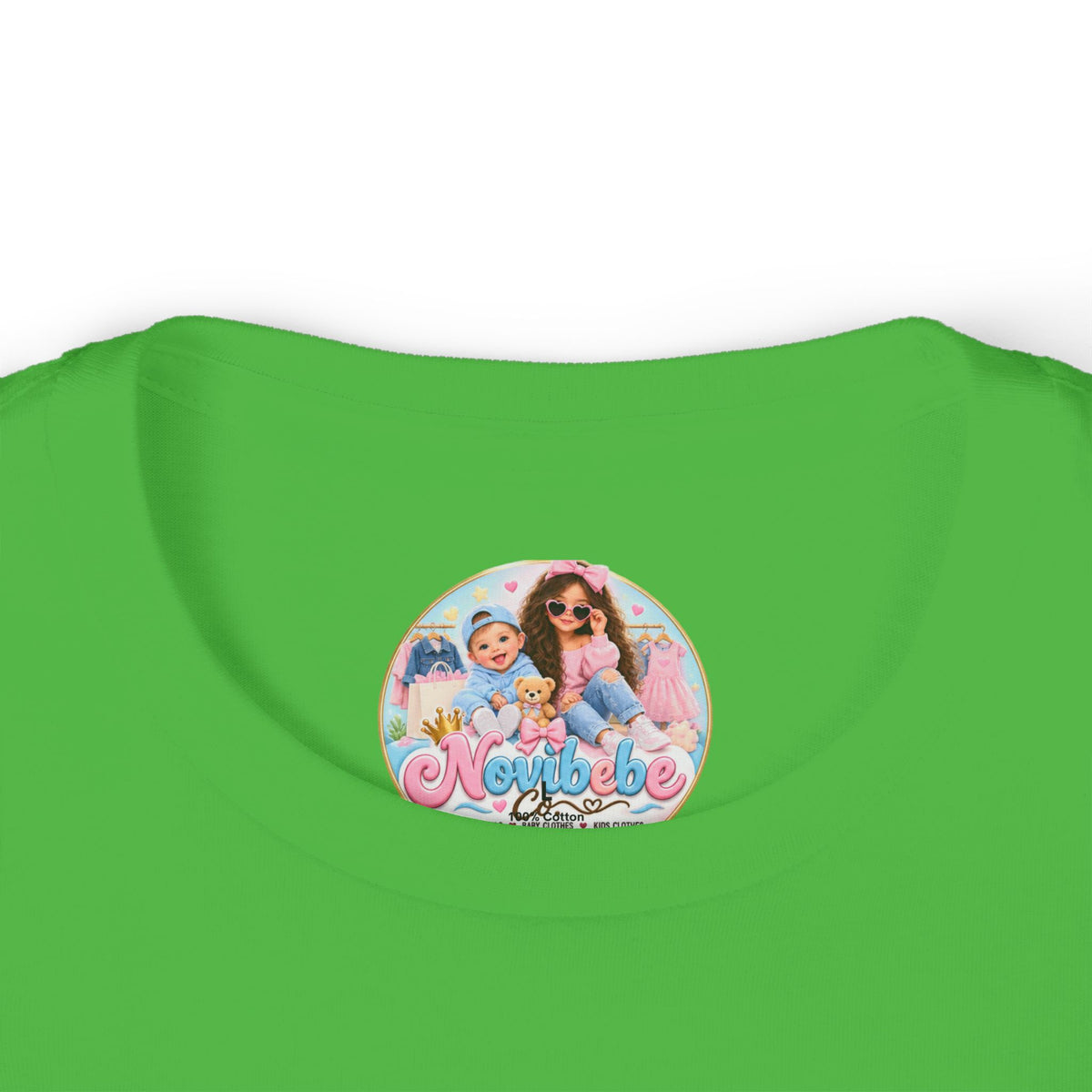 NovibebeCo. Kids Graphic Tee in Apple Green - Collar & Label Detail