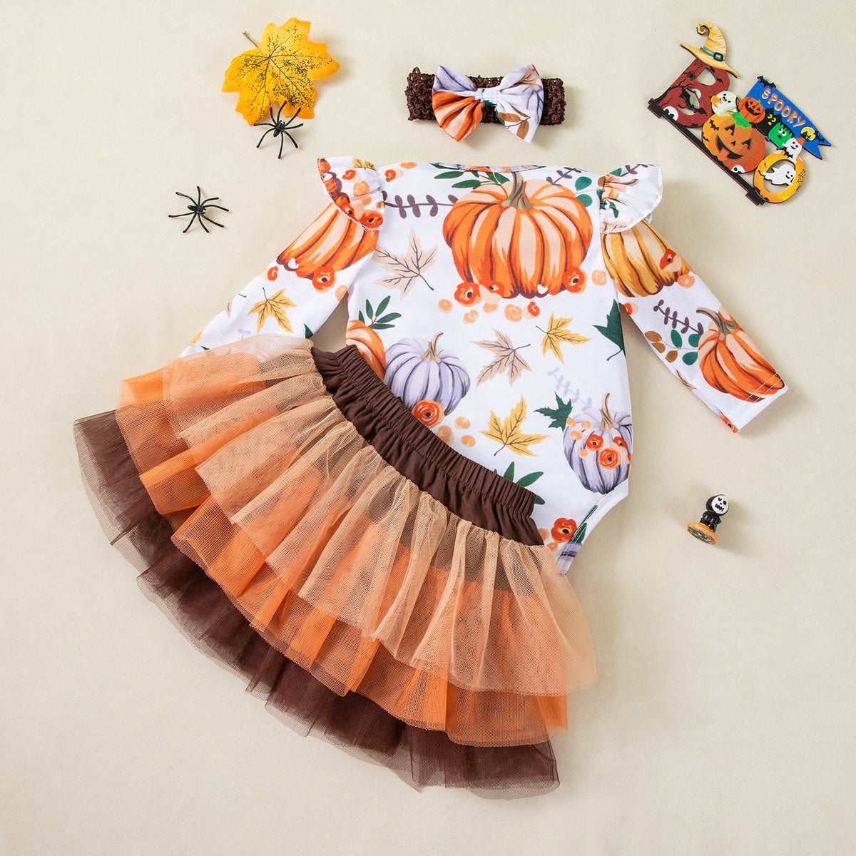 Baby Girl Maple Leaf Pumpkin Halloween Outfit Set