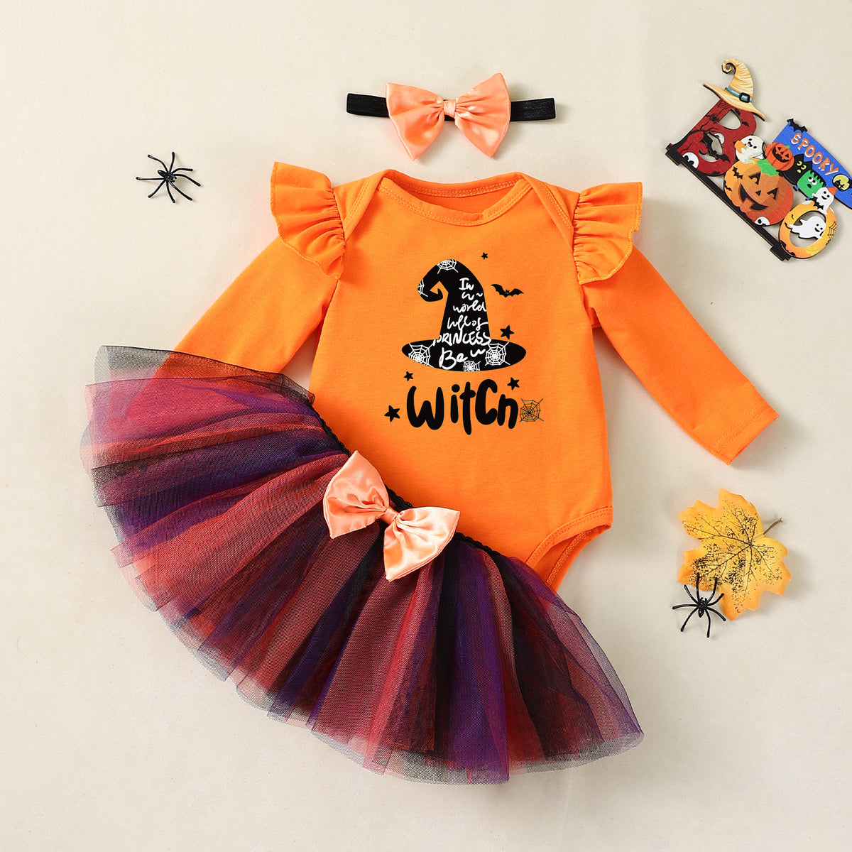NovibebeCo. Baby Girl Pumpkin Halloween Dress Set with Accessories
