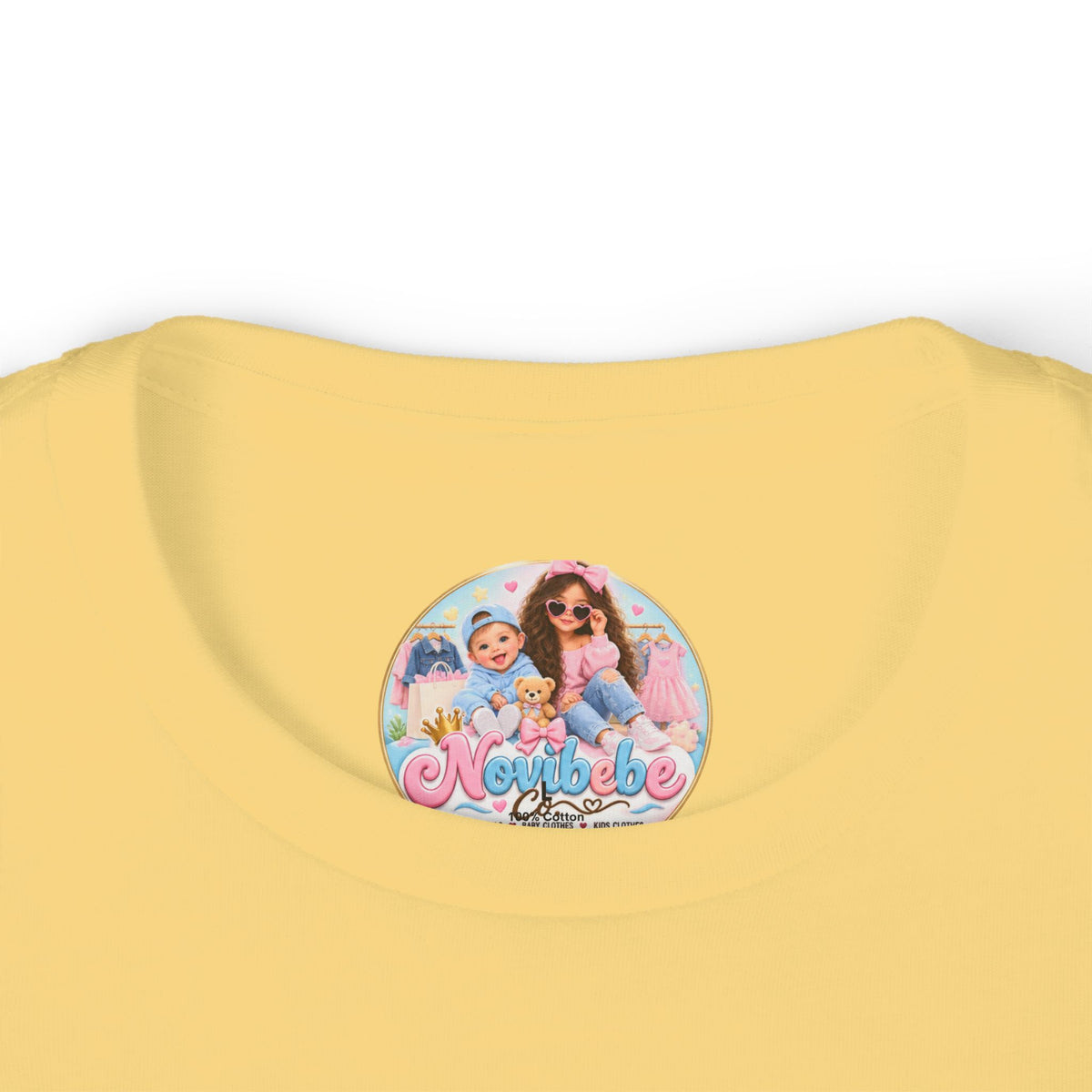 NovibebeCo. Kids Graphic Tee in Butter Yellow - Collar & Label Detail