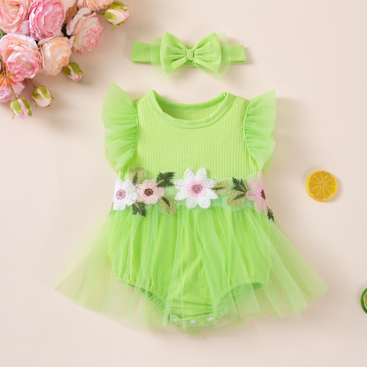 Factory Direct Supply New Baby Girl Mesh Romper Dress, Stylish and Cute Floral Flutter Sleeve Onesie with Hair Accessories Set