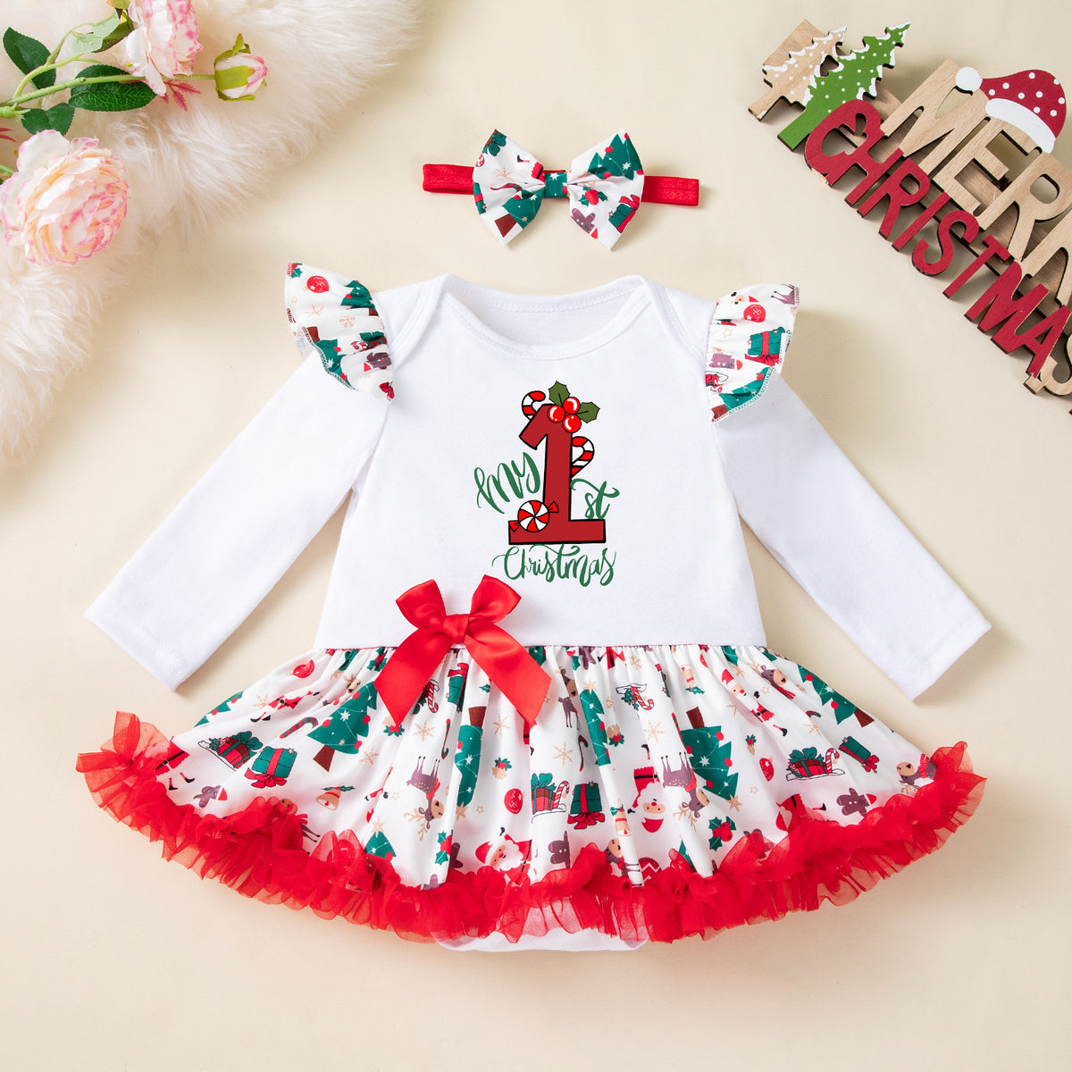 Baby Christmas Long-Sleeve Bodysuit Dress Set