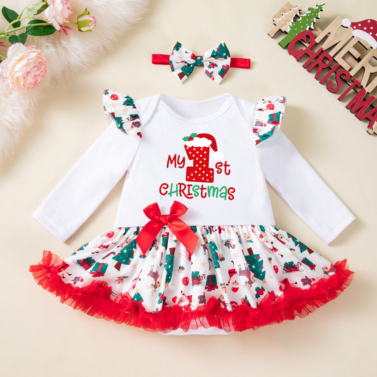 Baby Christmas Long-Sleeve Bodysuit Dress Set