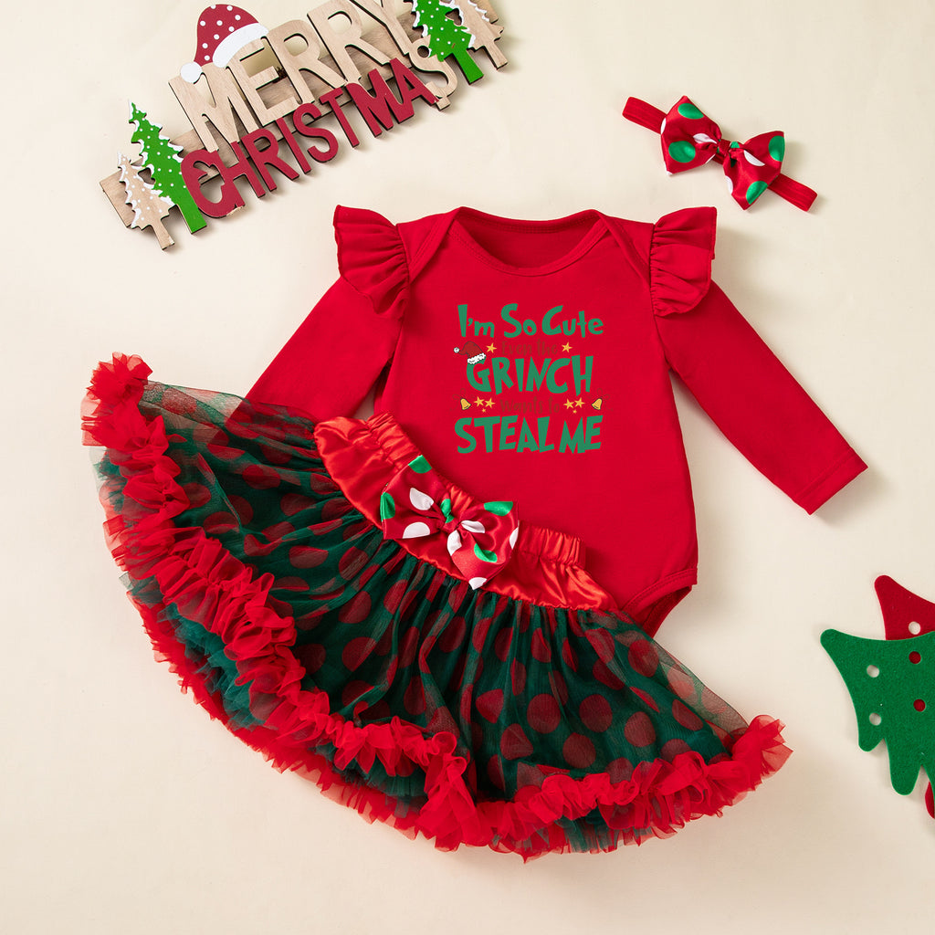 Baby Girl Christmas Romper & Skirt Set with Accessories