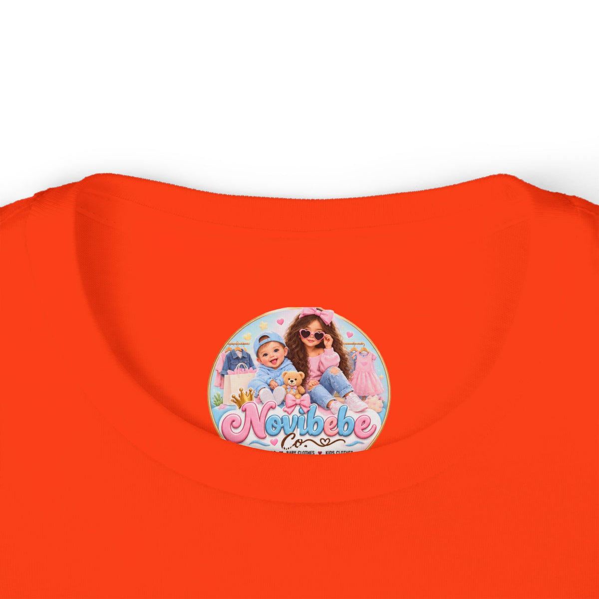 NovibebeCo. Kids Graphic Tee in Orange - Collar & Label Detail