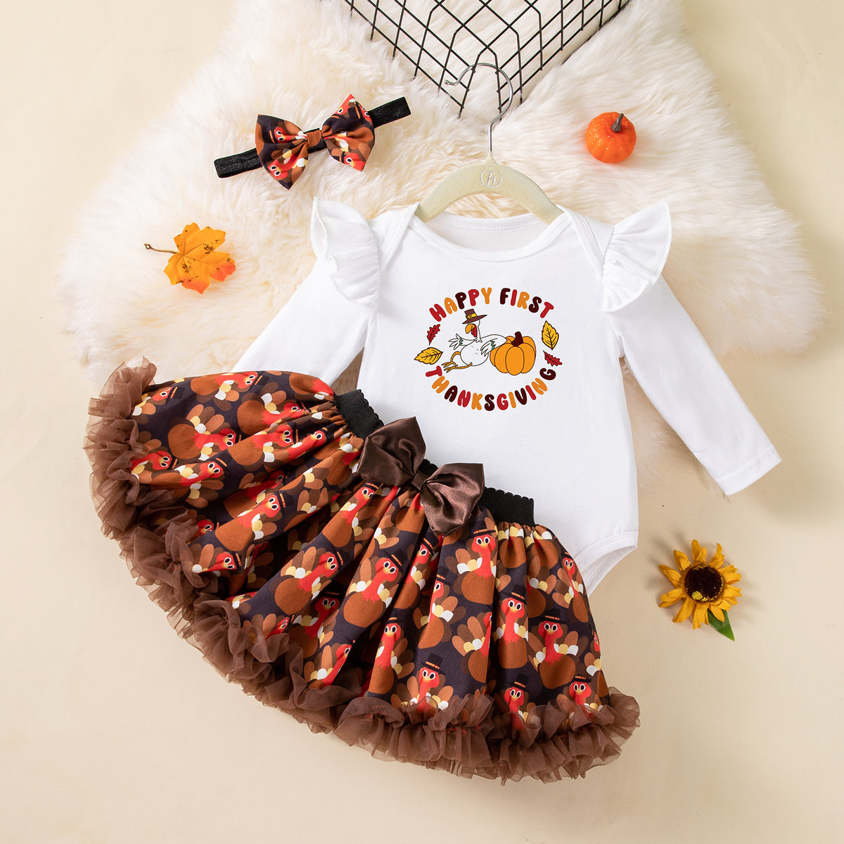 Baby Girl Thanksgiving Turkey Romper & Skirt Set