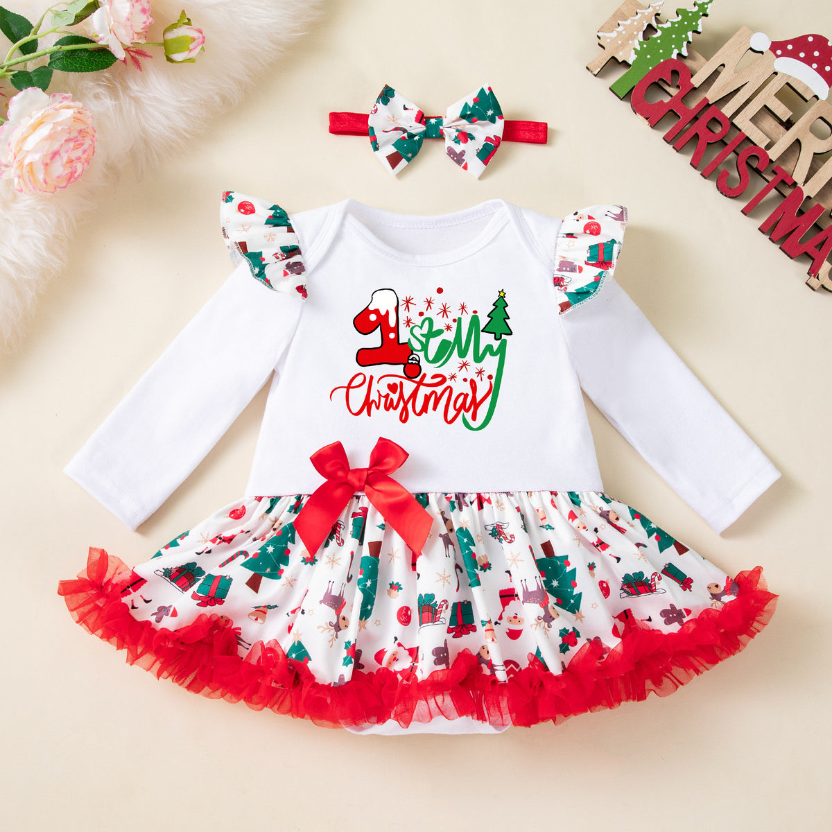 Baby Christmas Long-Sleeve Bodysuit Dress Set