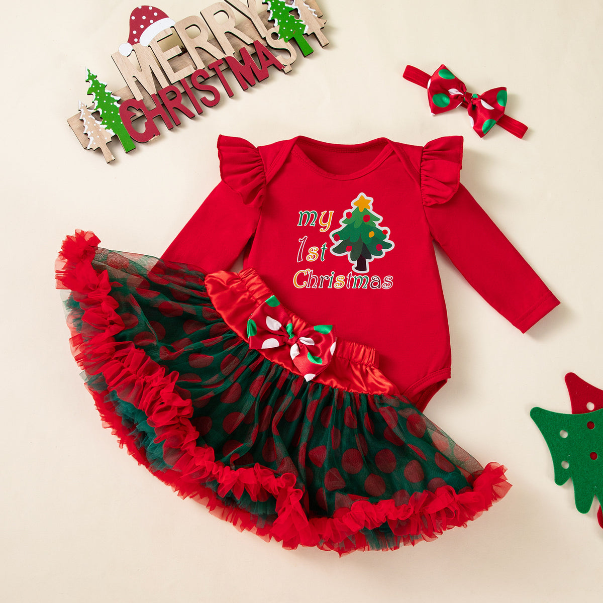 Baby Girl Christmas Romper & Skirt Set with Accessories