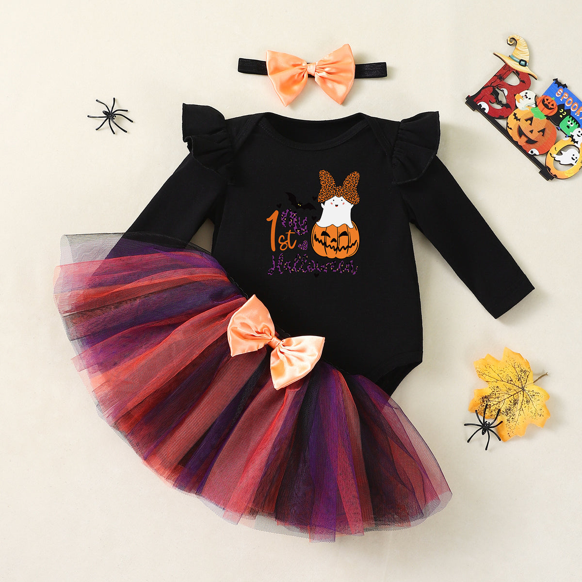 NovibebeCo. Baby Girl Pumpkin Halloween Dress Set with Accessories