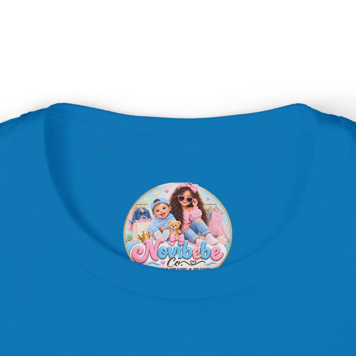 NovibebeCo. Kids Graphic Tee in Cyan Blue - Collar & Label Detail