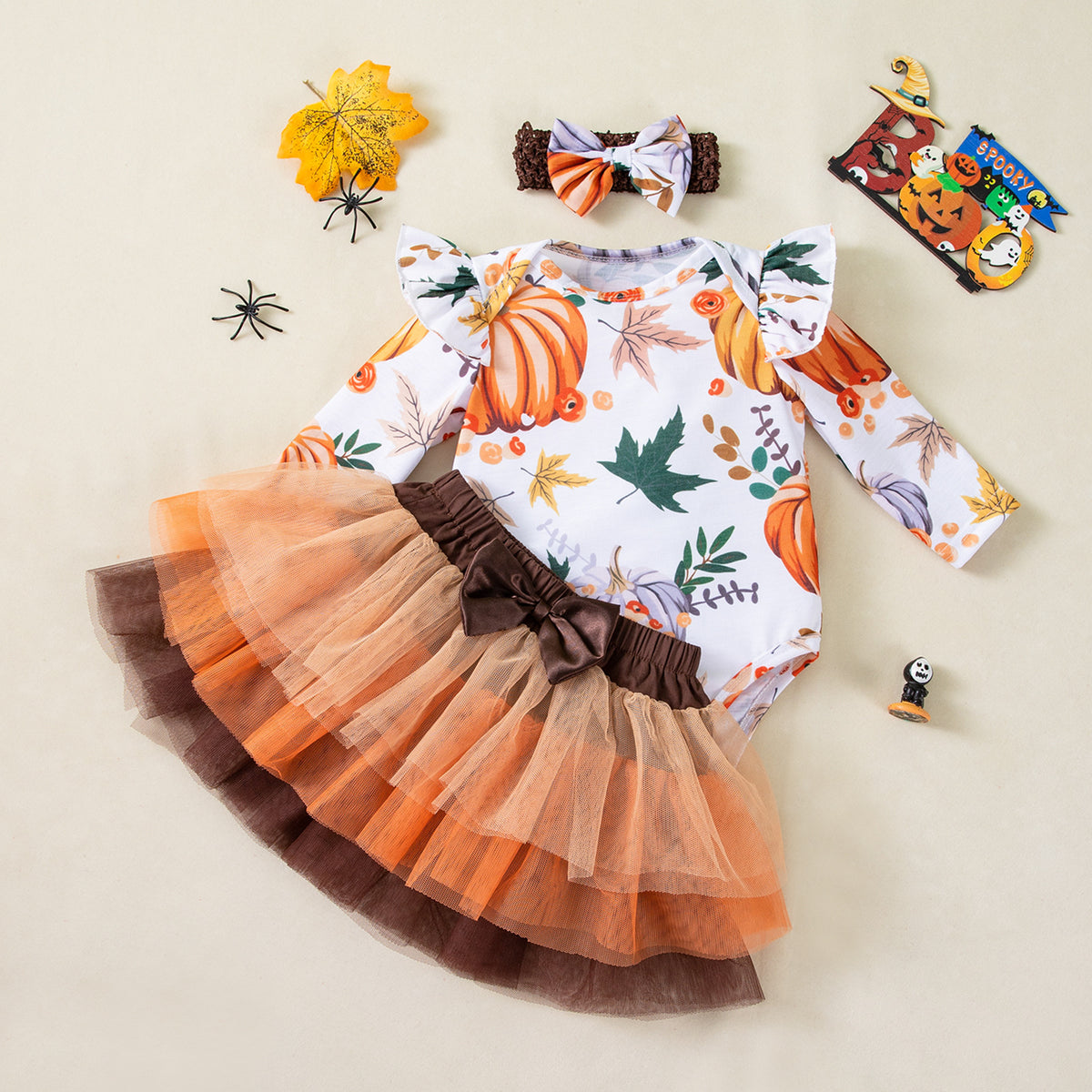 Baby Girl Maple Leaf Pumpkin Halloween Outfit Set