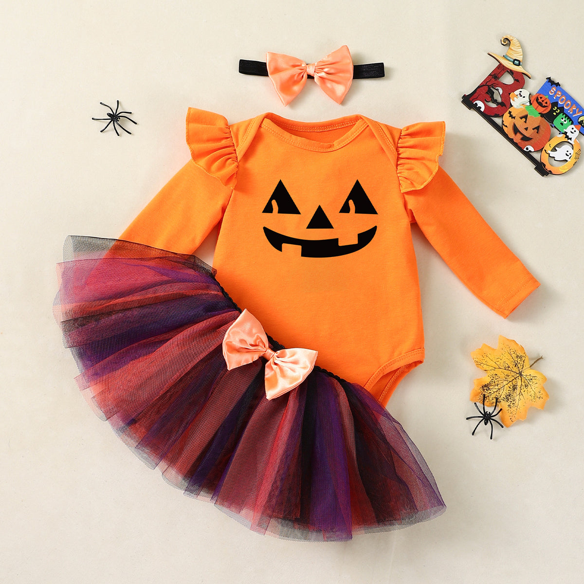 NovibebeCo. Baby Girl Pumpkin Halloween Dress Set with Accessories