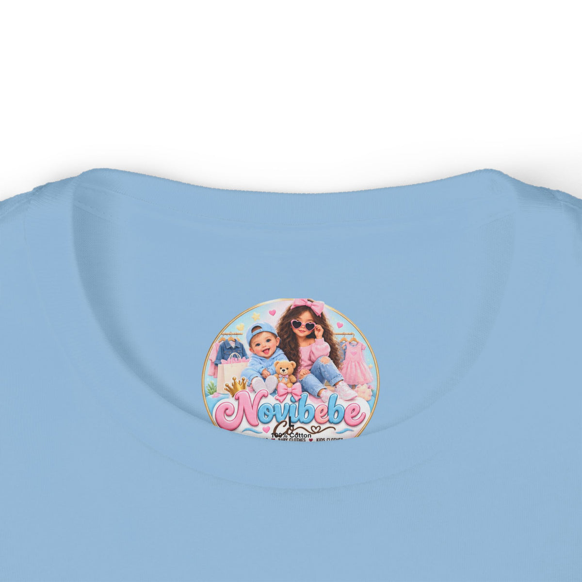 NovibebeCo. Kids Graphic Tee in Light Blue - Collar & Label Detail