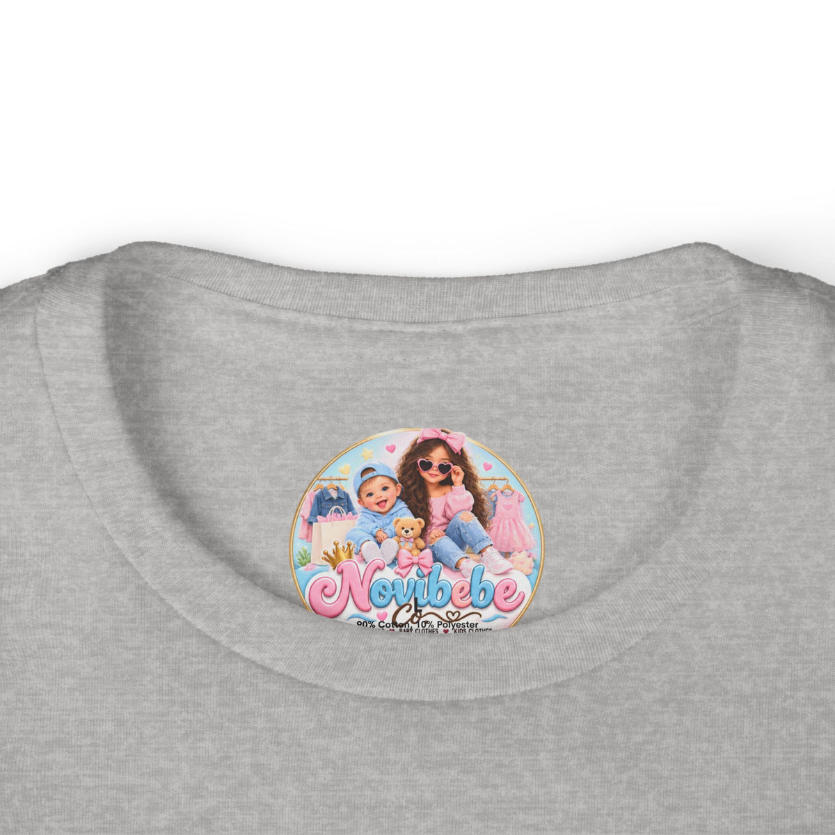 NovibebeCo. Kids Graphic Tee in Heather Grey - Collar & Label Detail