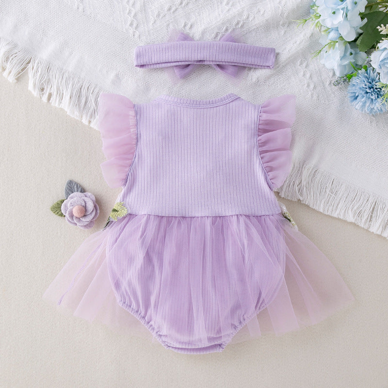 Factory Direct Supply New Baby Girl Mesh Romper Dress, Stylish and Cute Floral Flutter Sleeve Onesie with Hair Accessories Set