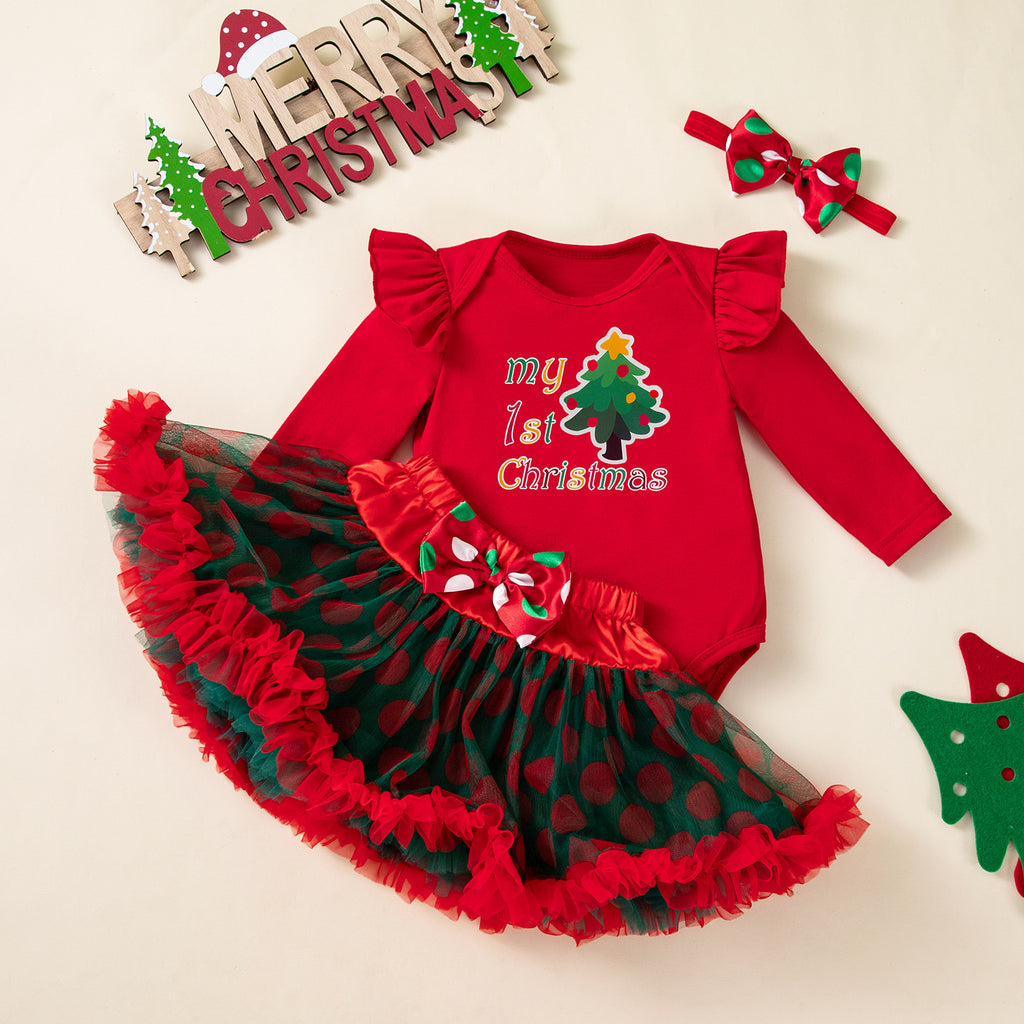 Baby Girl Christmas Romper & Skirt Set with Accessories