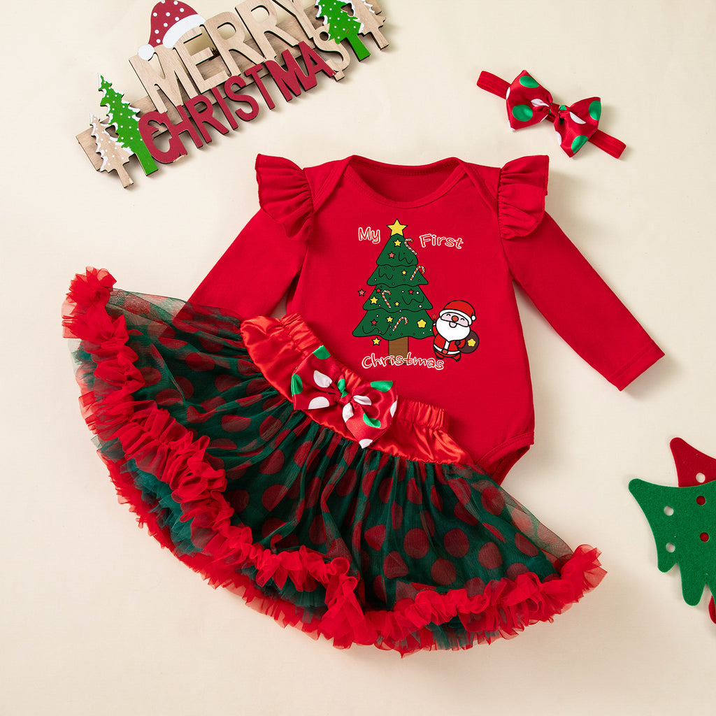 Baby Girl Christmas Romper & Skirt Set with Accessories