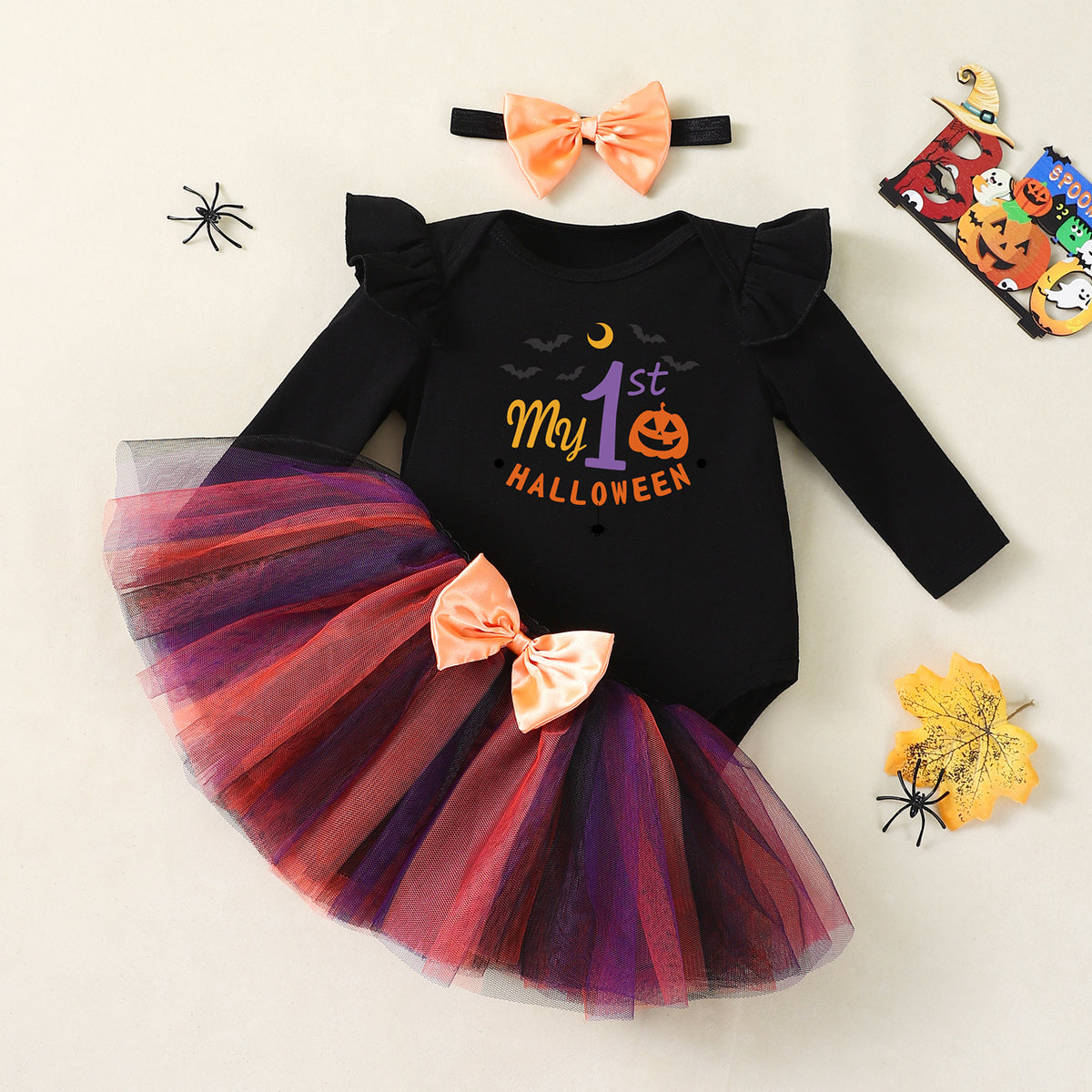 NovibebeCo. Baby Girl Pumpkin Halloween Dress Set with Accessories