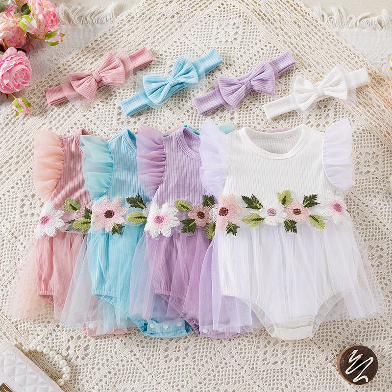 Factory Direct Supply New Baby Girl Mesh Romper Dress, Stylish and Cute Floral Flutter Sleeve Onesie with Hair Accessories Set