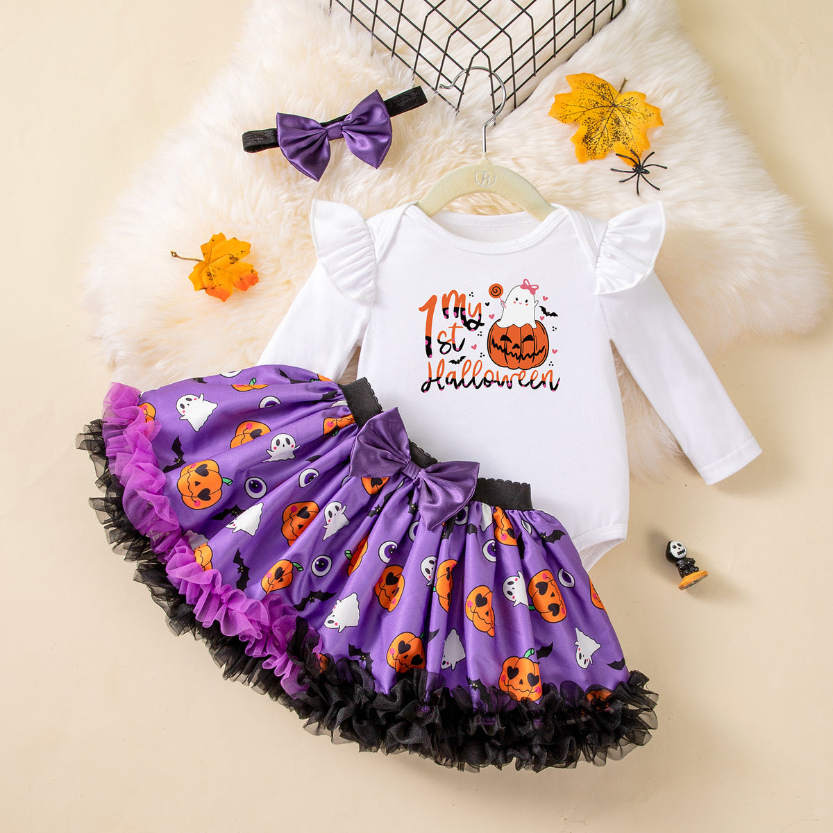 NovibebeCo. Baby Girl Halloween Ghost & Pumpkin 3-Piece Outfit
