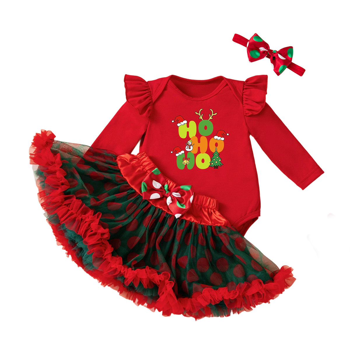 Baby Girl Christmas Romper & Skirt Set with Accessories
