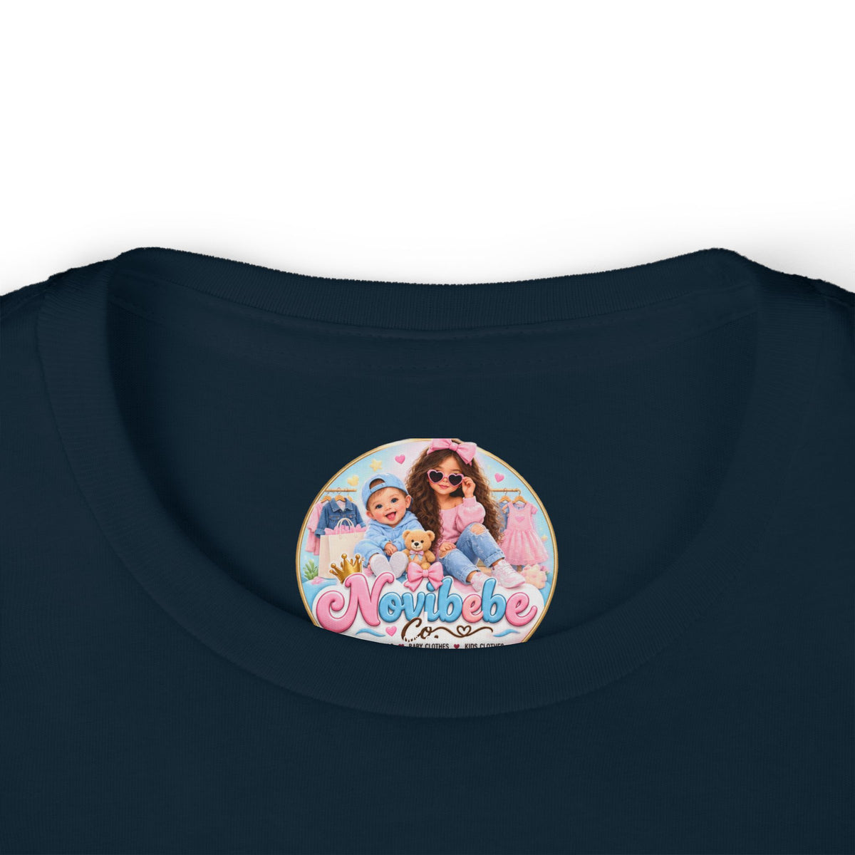 NovibebeCo. Kids Graphic Tee in Navy Blue - Collar & Label Detail