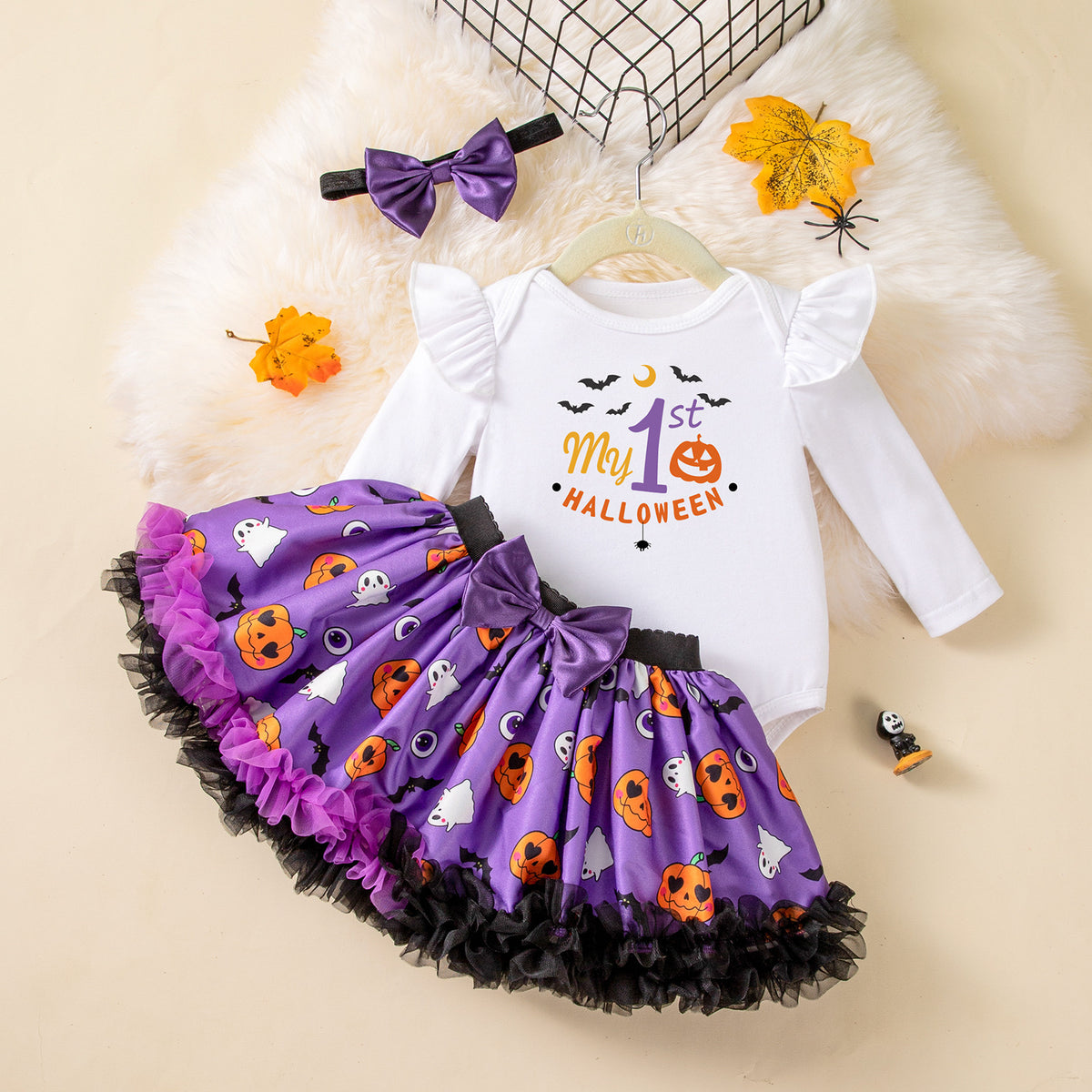 NovibebeCo. Baby Girl Halloween Ghost & Pumpkin 3-Piece Outfit