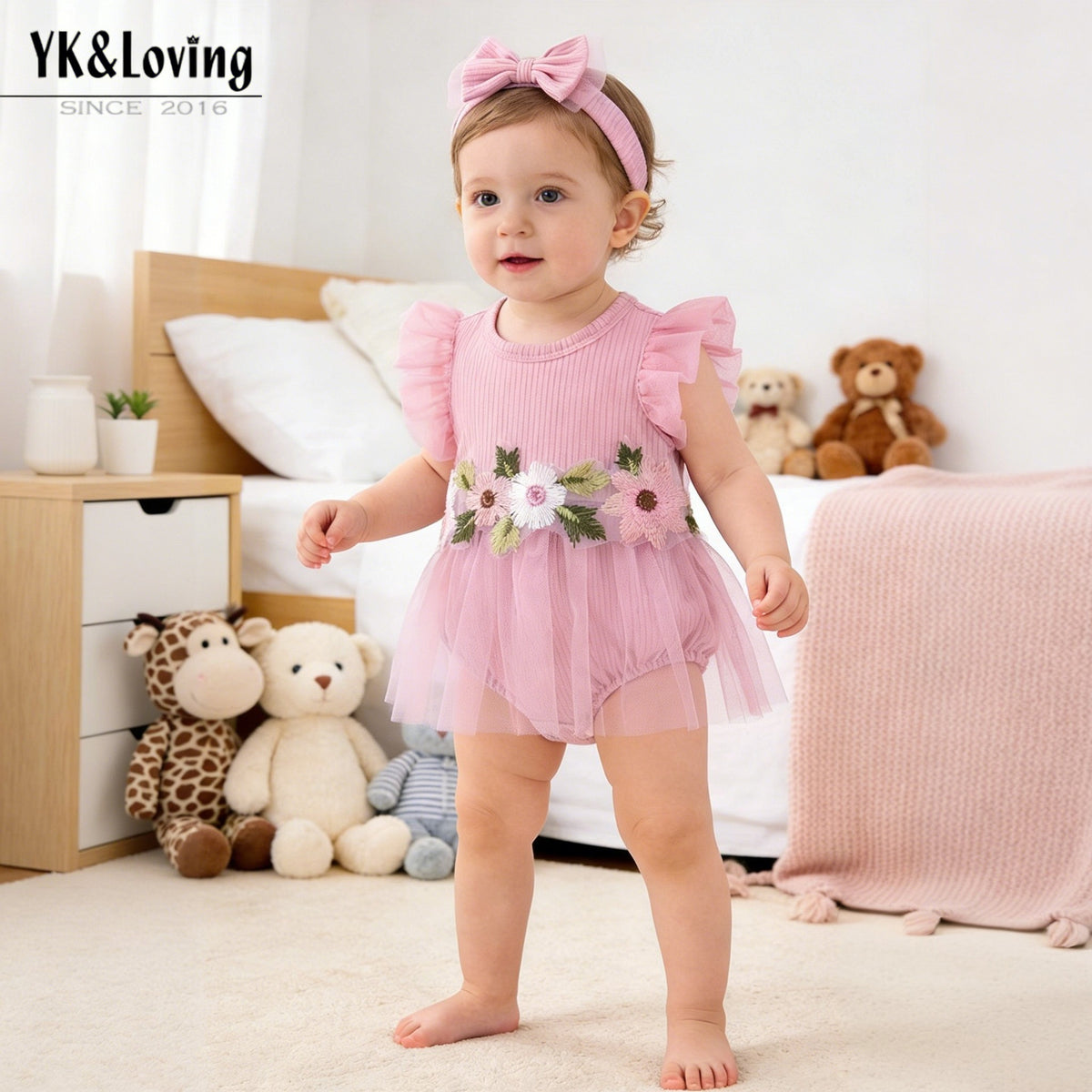 Factory Direct Supply New Baby Girl Mesh Romper Dress, Stylish and Cute Floral Flutter Sleeve Onesie with Hair Accessories Set