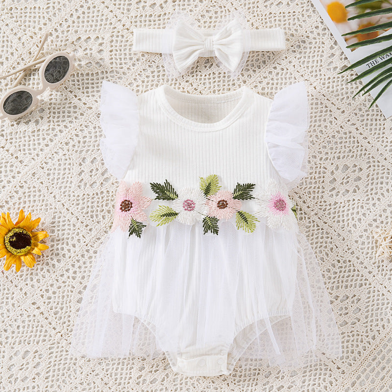 Factory Direct Supply New Baby Girl Mesh Romper Dress, Stylish and Cute Floral Flutter Sleeve Onesie with Hair Accessories Set