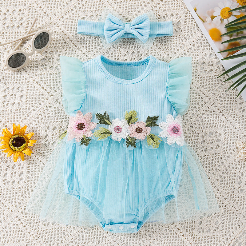 Factory Direct Supply New Baby Girl Mesh Romper Dress, Stylish and Cute Floral Flutter Sleeve Onesie with Hair Accessories Set