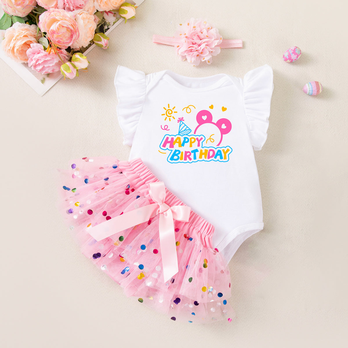 Baby Girl Spring Polka-Dot Romper & Skirt Set