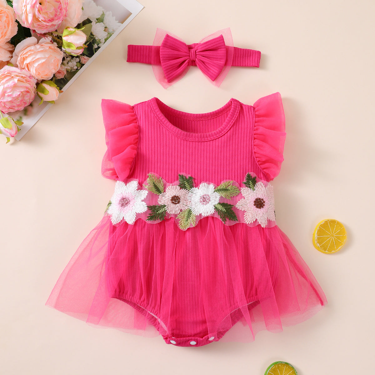 Factory Direct Supply New Baby Girl Mesh Romper Dress, Stylish and Cute Floral Flutter Sleeve Onesie with Hair Accessories Set