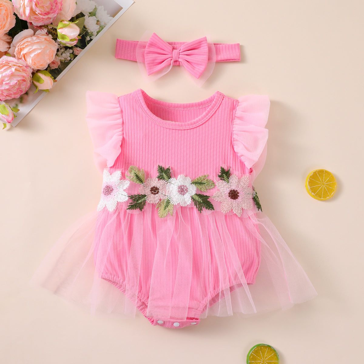 Factory Direct Supply New Baby Girl Mesh Romper Dress, Stylish and Cute Floral Flutter Sleeve Onesie with Hair Accessories Set