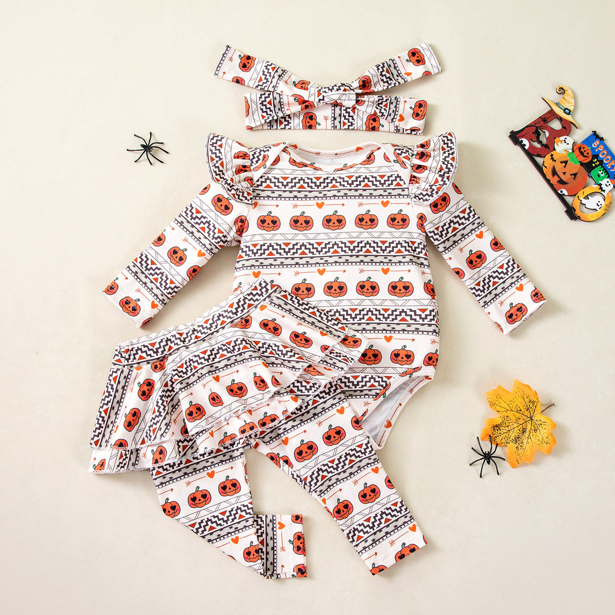 NovibebeCo. Baby Pumpkin Romper, Pants & Accessories Halloween Set