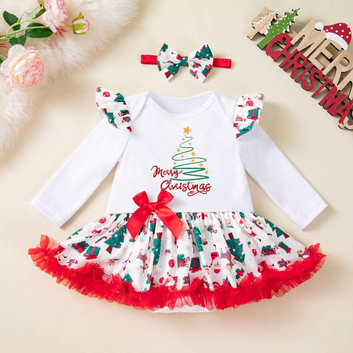 Baby Christmas Long-Sleeve Bodysuit Dress Set