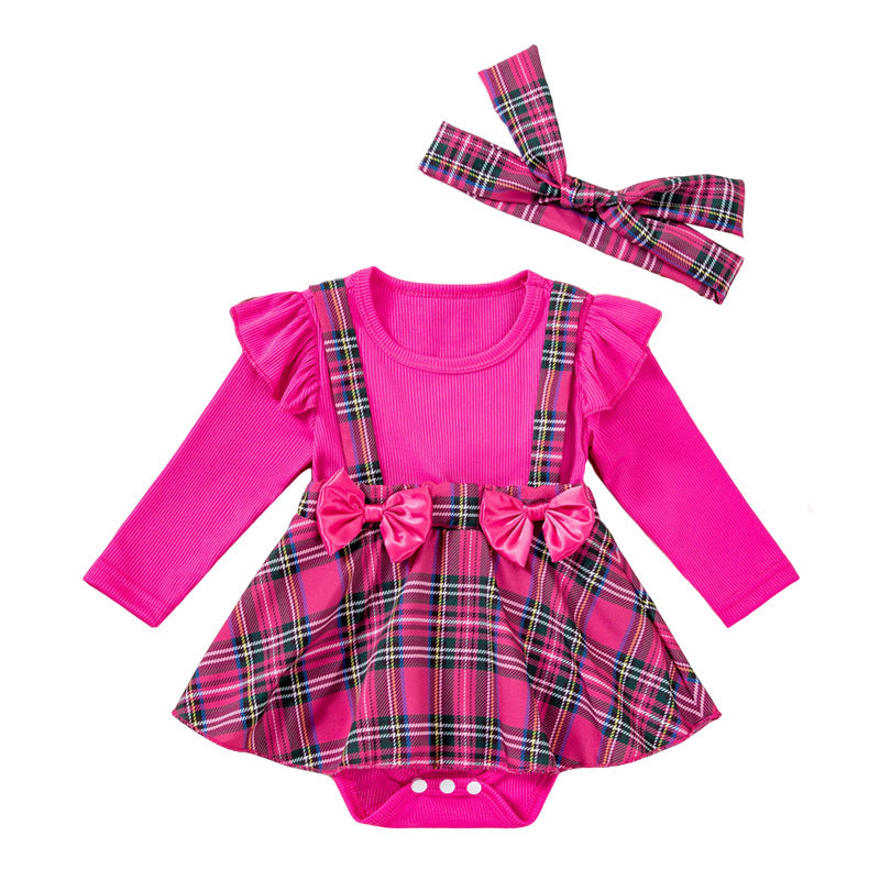 Baby Girl Checkered Bow Romper Dress Set
