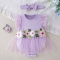 Factory Direct Supply New Baby Girl Mesh Romper Dress, Stylish and Cute Floral Flutter Sleeve Onesie with Hair Accessories Set