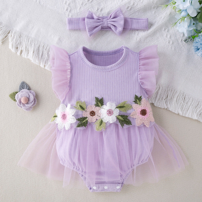 Factory Direct Supply New Baby Girl Mesh Romper Dress, Stylish and Cute Floral Flutter Sleeve Onesie with Hair Accessories Set
