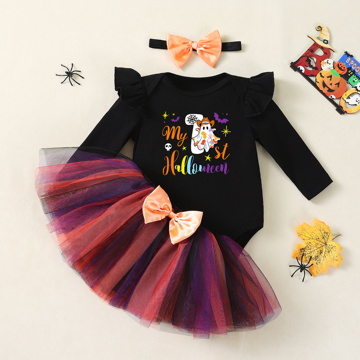 NovibebeCo. Baby Girl Pumpkin Halloween Dress Set with Accessories