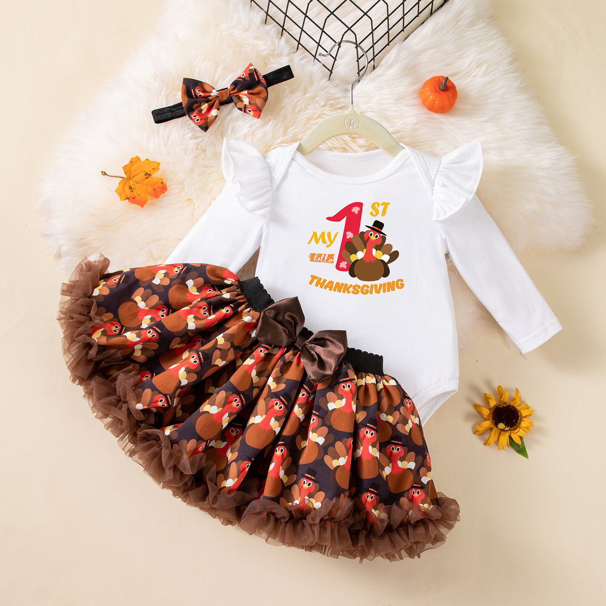 Baby Girl Thanksgiving Turkey Romper & Skirt Set