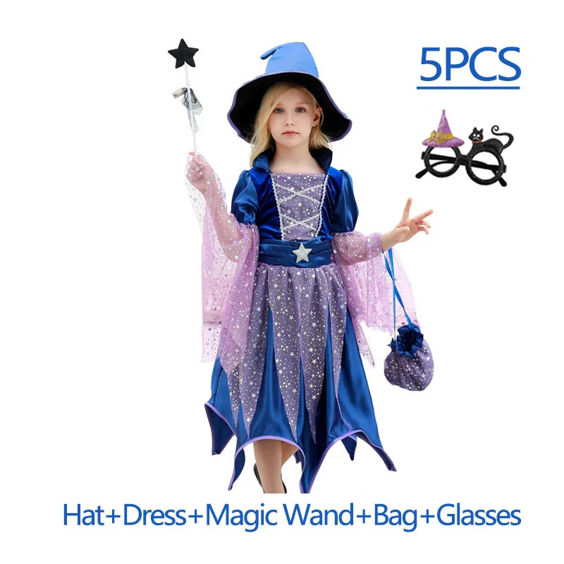 Girls’ Halloween Witch Costume Set with Hat & Wand