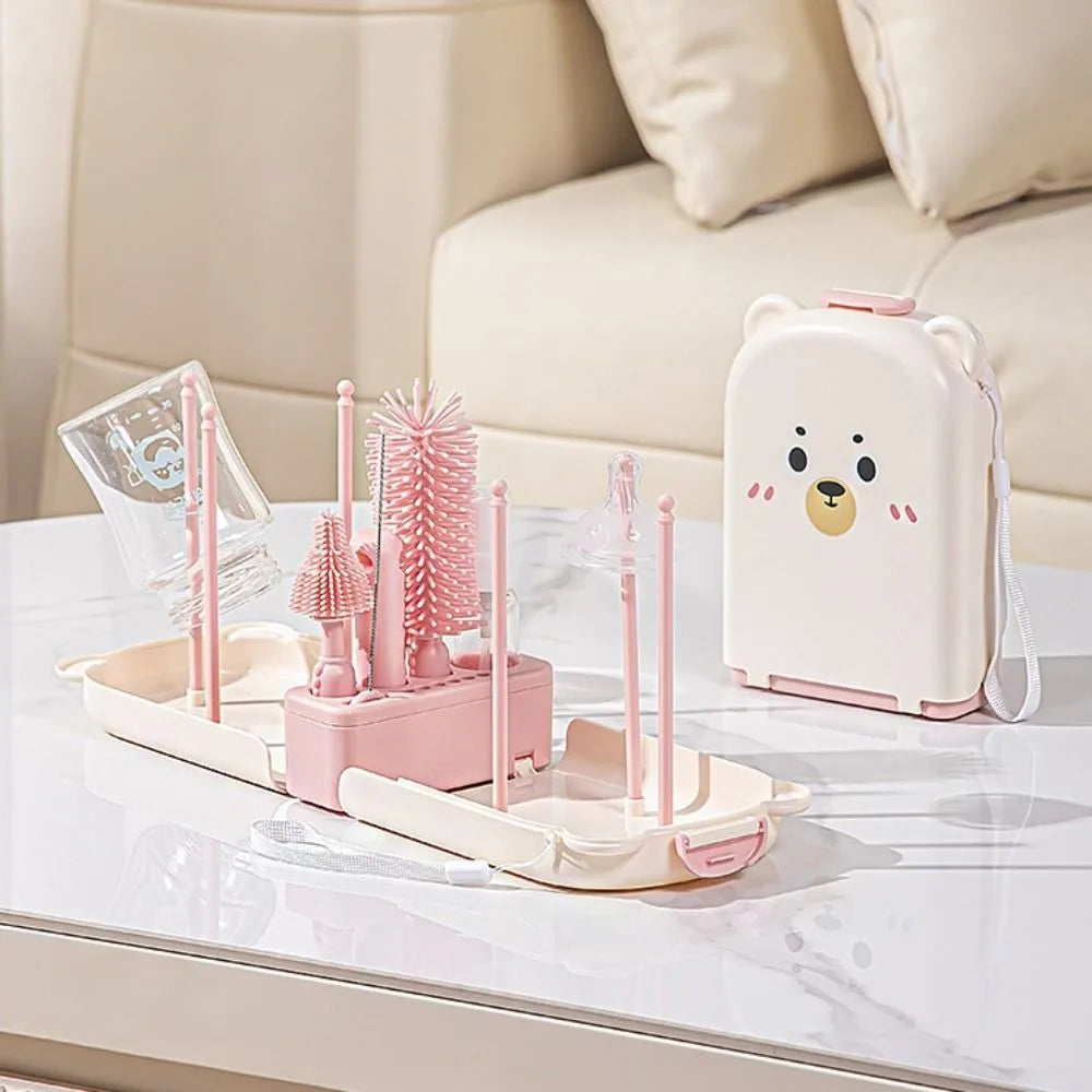 6-in-1 Baby Bottle Brush Set Built-in Drain Rack Drying Rack Nipple Straw Cleaning Brush Space Saving Portable