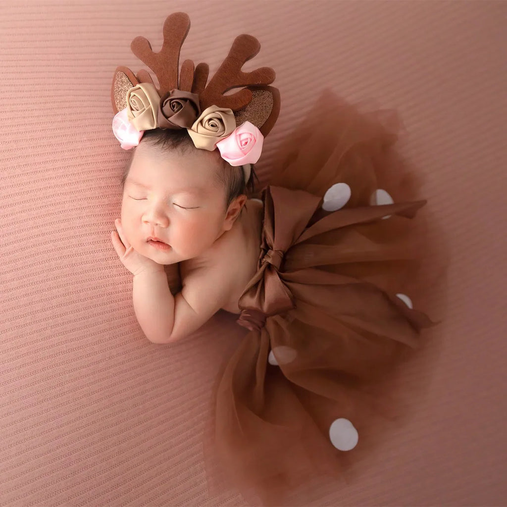 NovibebeCo. Baby Deer Reindeer Tutu Skirt Costume Set with Antler Headband