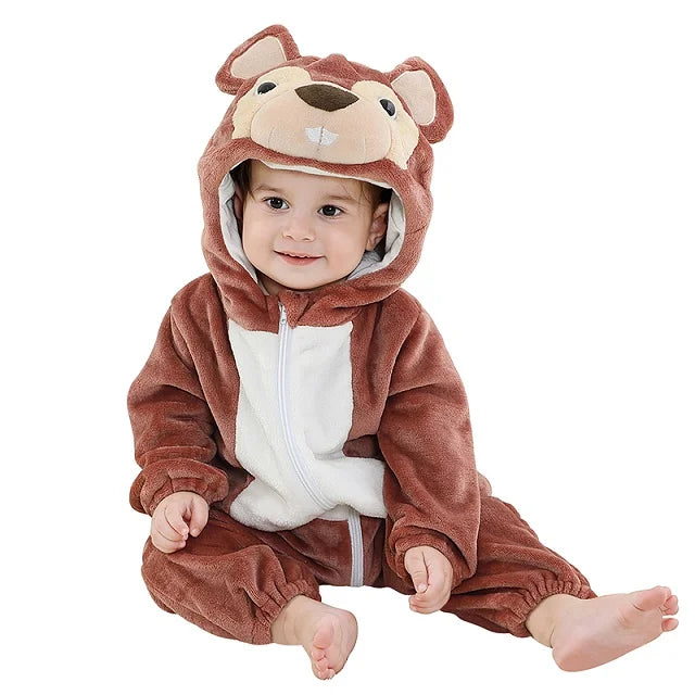 NovibebeCo. Baby Animal Hooded Flannel Halloween Jumpsuit - Panda, Tiger, Duck & More