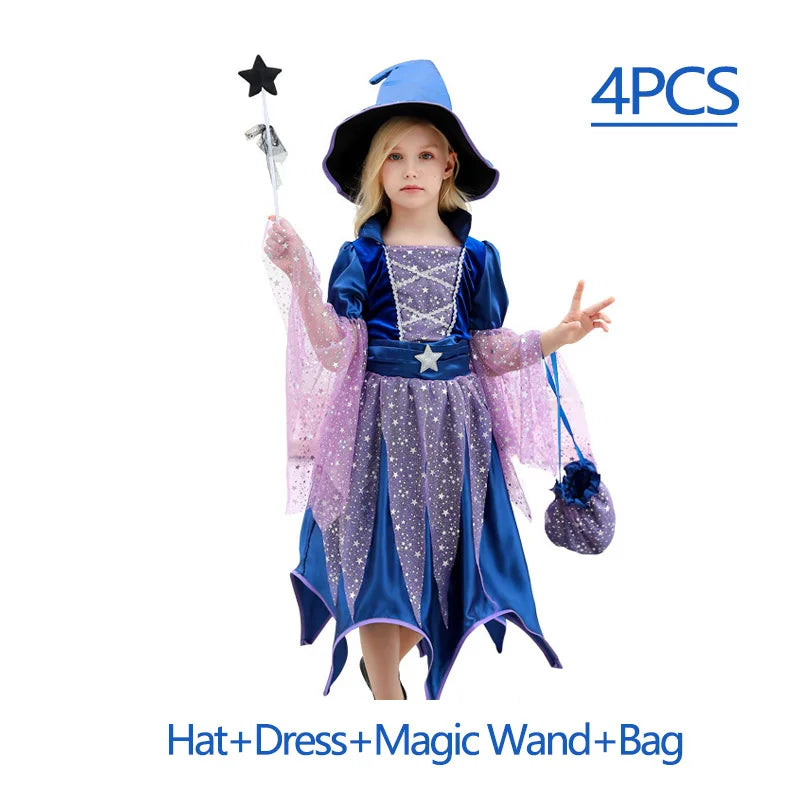 Girls’ Halloween Witch Costume Set with Hat & Wand