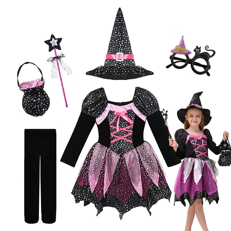 Girls’ Halloween Witch Costume Set with Hat & Wand
