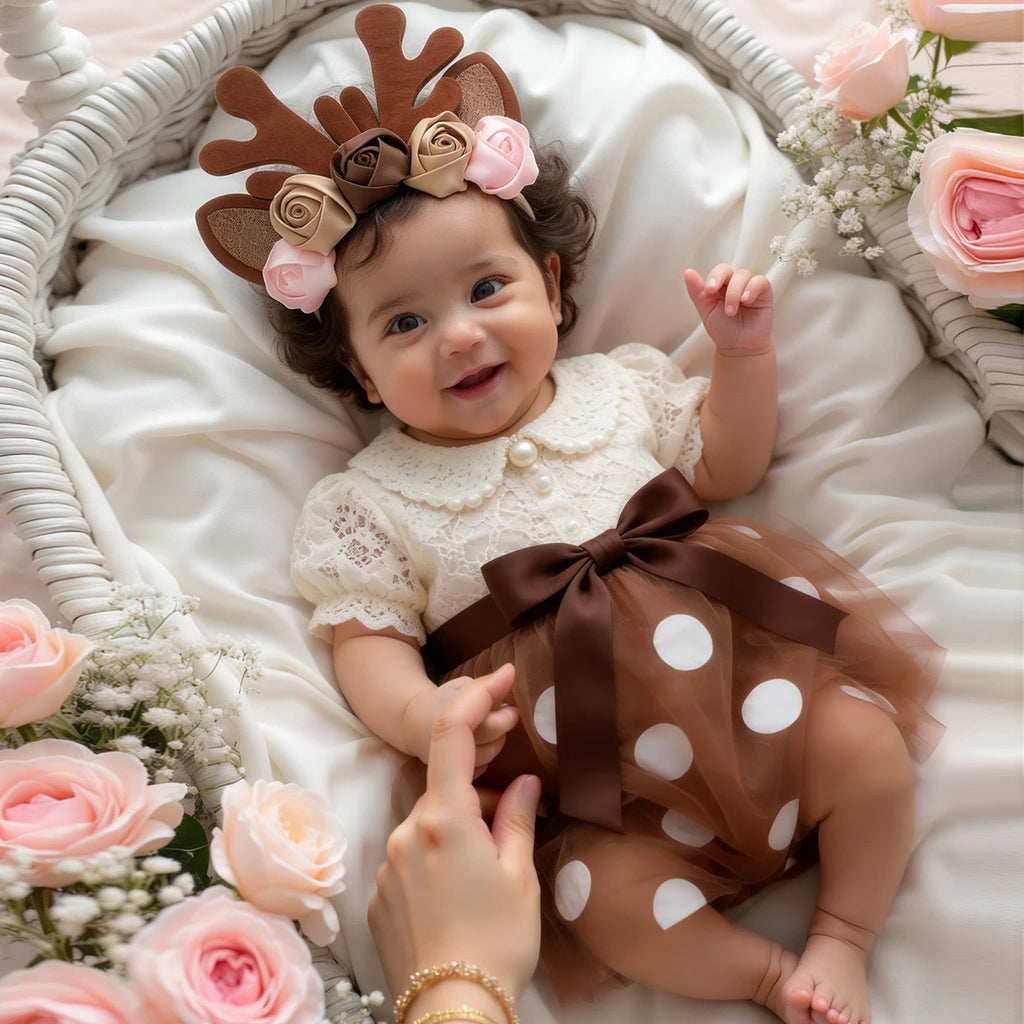 NovibebeCo. Baby Deer Reindeer Tutu Skirt Costume Set with Antler Headband