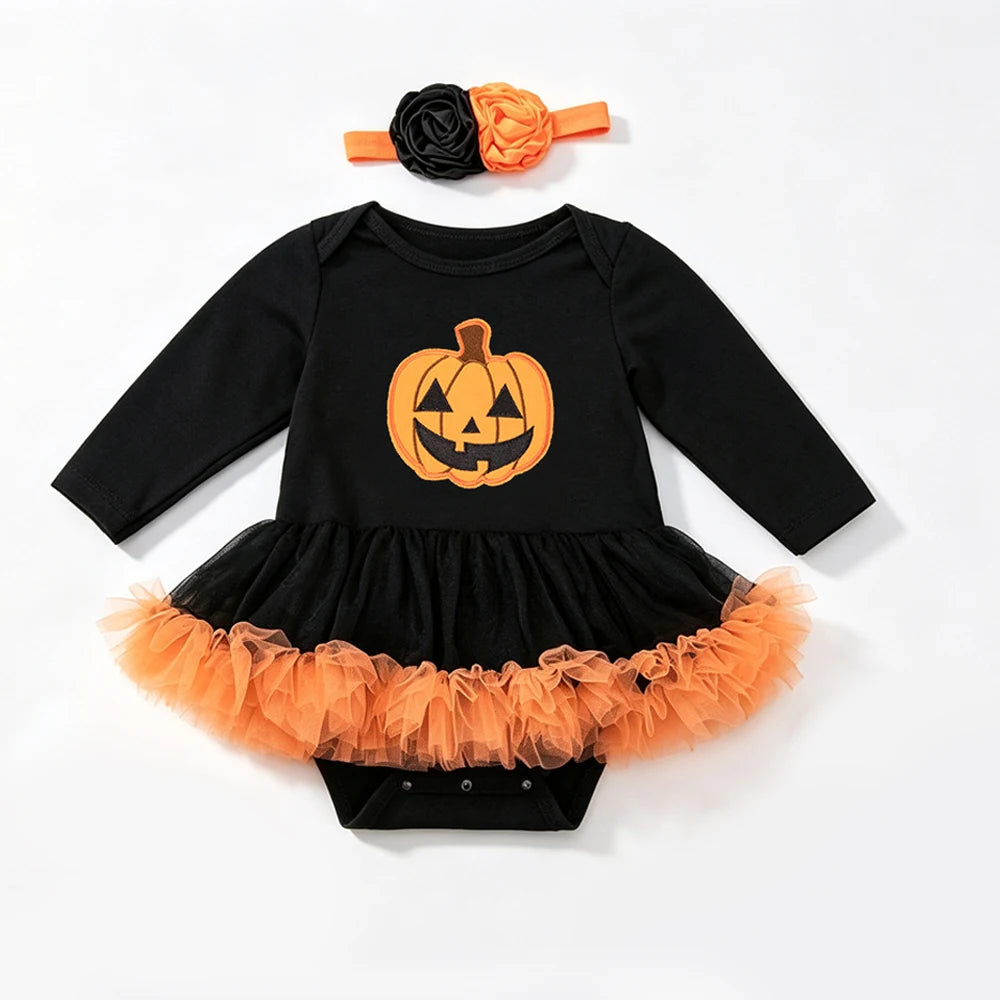 NovibebeCo. Baby Girl Halloween Tutu Romper Set - Pumpkin, Skull & Bat Print with Headband & Shoes