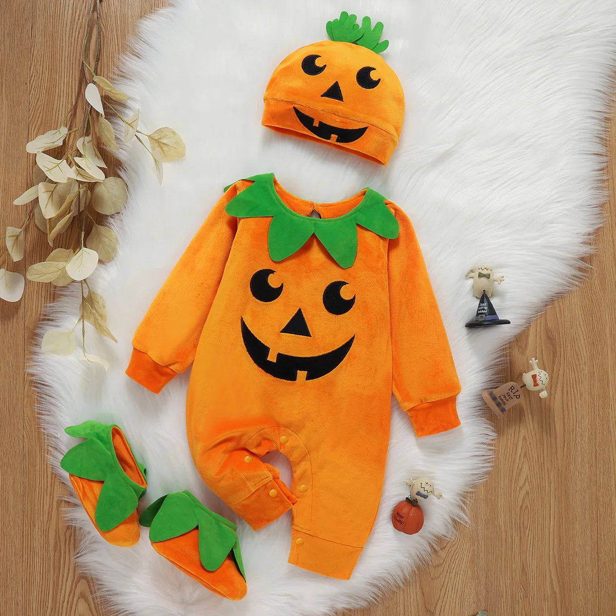 NovibebeCo. Baby Halloween Pumpkin Costume 3-Piece Set - Romper, Hat & Shoes